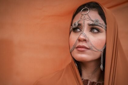 A woman in traditional attire adorned with intricate jewelry, set against a warm orange background.