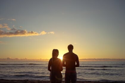 couple, nature, sunset